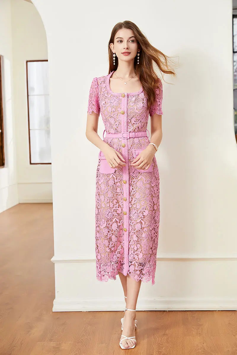 Sheath Bodycon Flower Embroidery Lace Prom Dress – Women's Summer/Fall Short Sleeve Midi Evening Dress