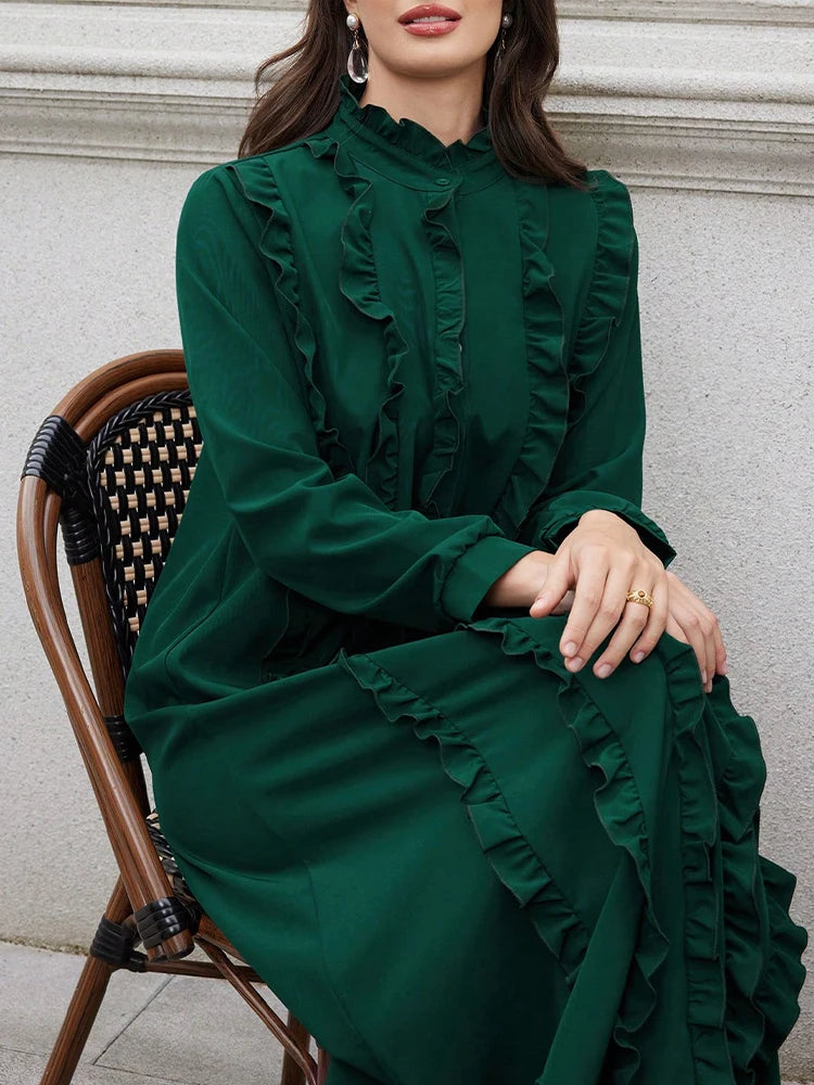 Rafiah Women's Casual Fashion Long Sleeve High Neck Loose Fit Solid Color Dress with Subtle Ruffled Hem Evening Dresses