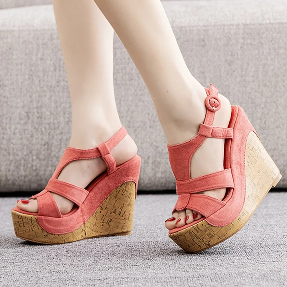 Women’s Summer Flock Sandals – 12CM Wedge Heels with Buckle Strap, White