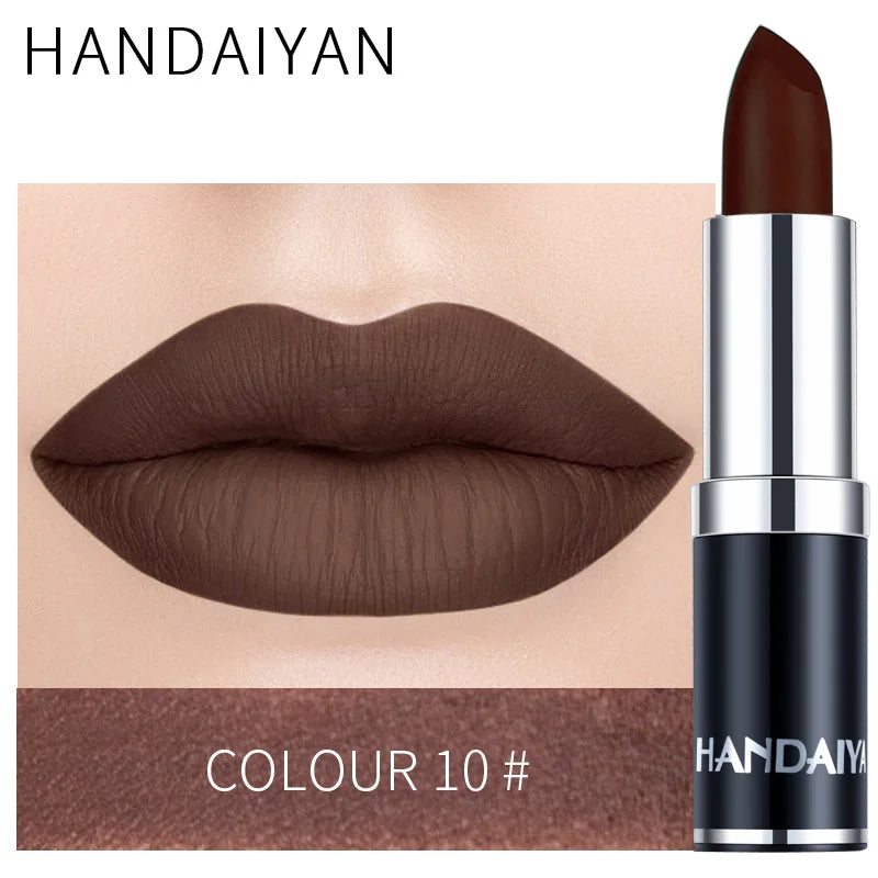 Handaiyan Sexy Nude Red Brown Purple Lipgloss Matte Lip Gloss Velvety Lipstick Matte Waterproof Makeup Long Lasting Cosmetic