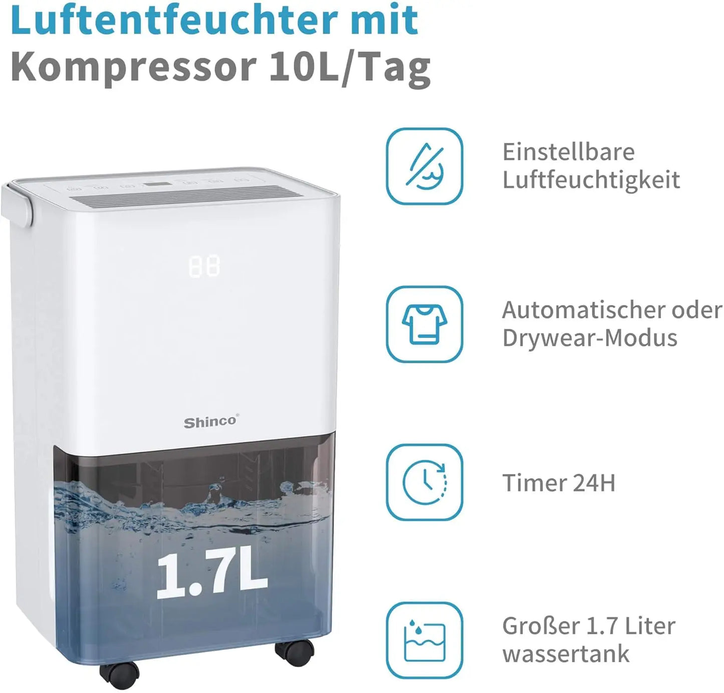 SHINCO Electric Dehumidifier, 10 L, Room Dehumidifier with Moisture Sensor, for 45 m³ (15 m²), Energy Saving, Drain Hose