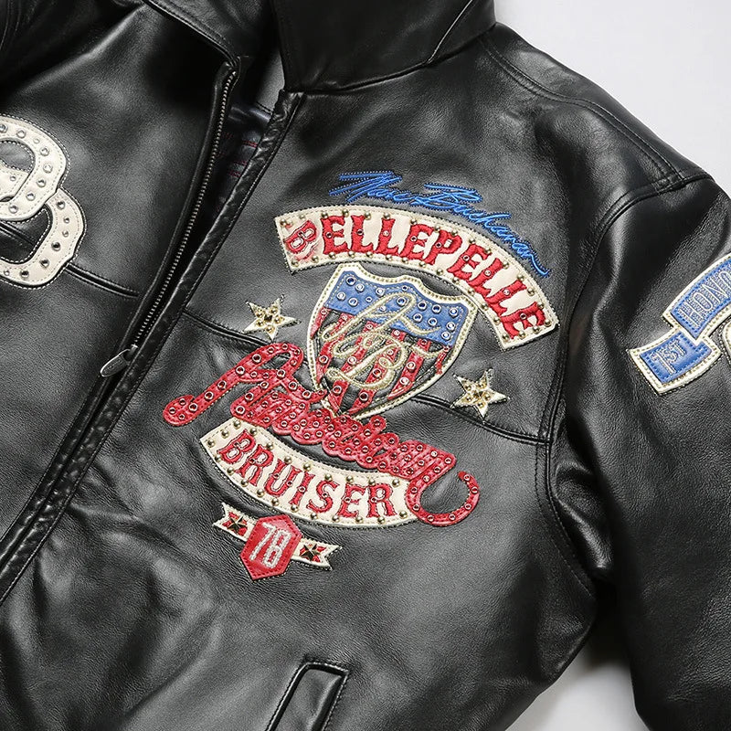 US size men's Hip Hop Sheep skin Varsity Jacket Embroidered Diamond Classic Casual Sport genuine leather Coat tops