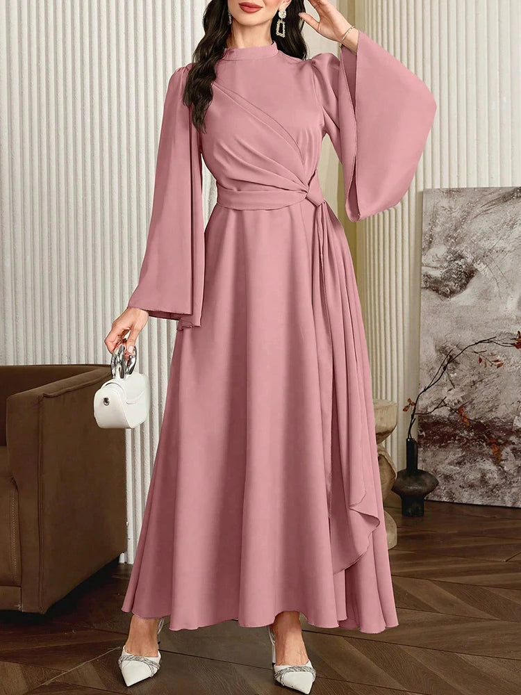 Rafiah Women's Dress 2025 Elegant Casual Arabic Style Dress with Waist Tie for Daily Simple Wear Long Evening Dress