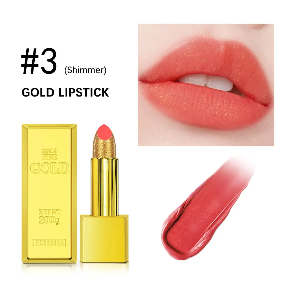 Shimmer Gold Lipstick Metallic Glitter Sexy Lipsticks Long Lasting Batom Waterproof Cosmetic Gold Brick Tube Design Gift 3.5g