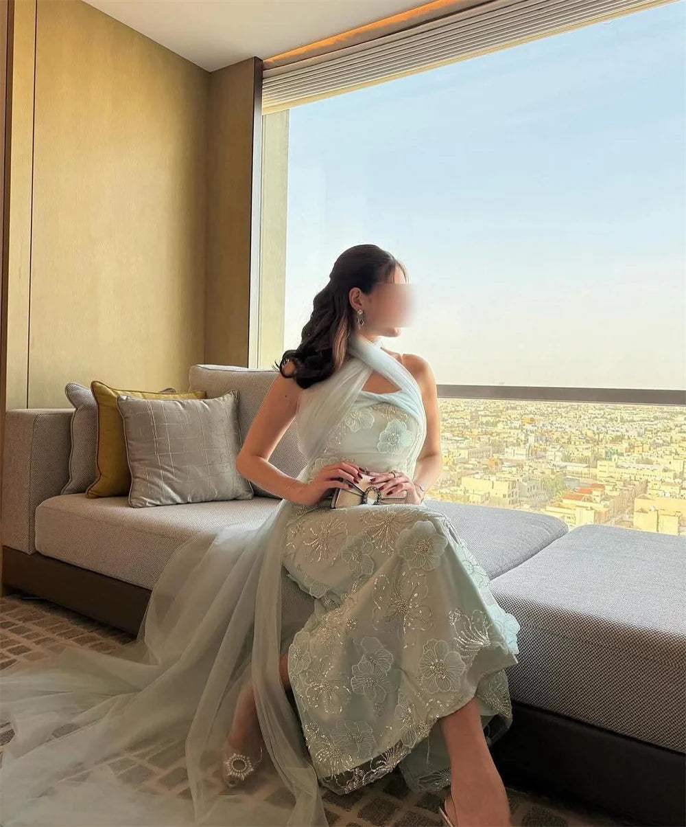 Mila Green رسن الرقبة غمد فساتين السهرة الدانتيل والتطريز فساتين الحفلات زهرة مخصصة 2025 جديد في الفساتين