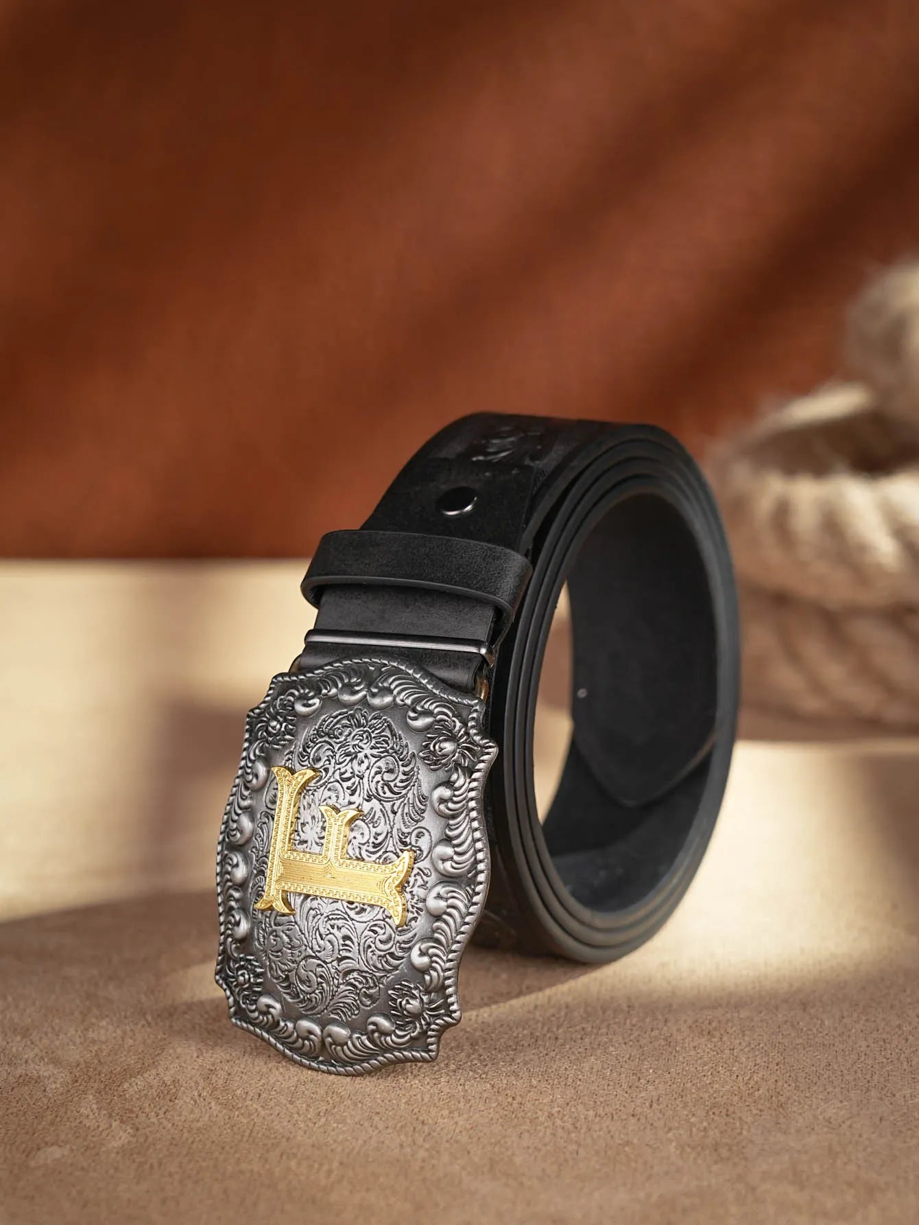 Western Cowboy PU Leather Belt - Men Waist Strap Bull Decoration Floral Engraved for Jeans