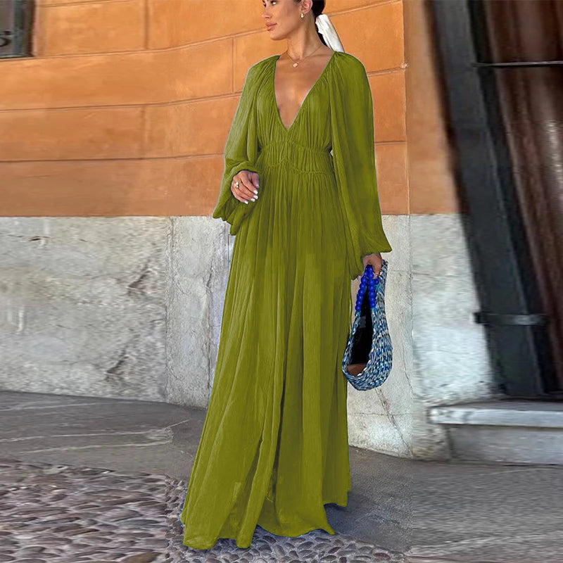 Elegant Pleated Lantern Sleeve Mid-Calf Dress – Women’s O-Neck Holiday Beach Outfit