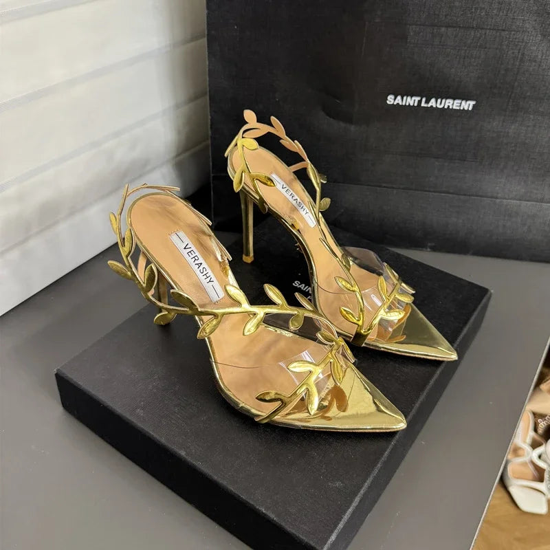 Gold High Heels Women 2025 Summer New Metal Patent Leather Leaf Thin Heel Pointed Open Toe Purple Sandals
