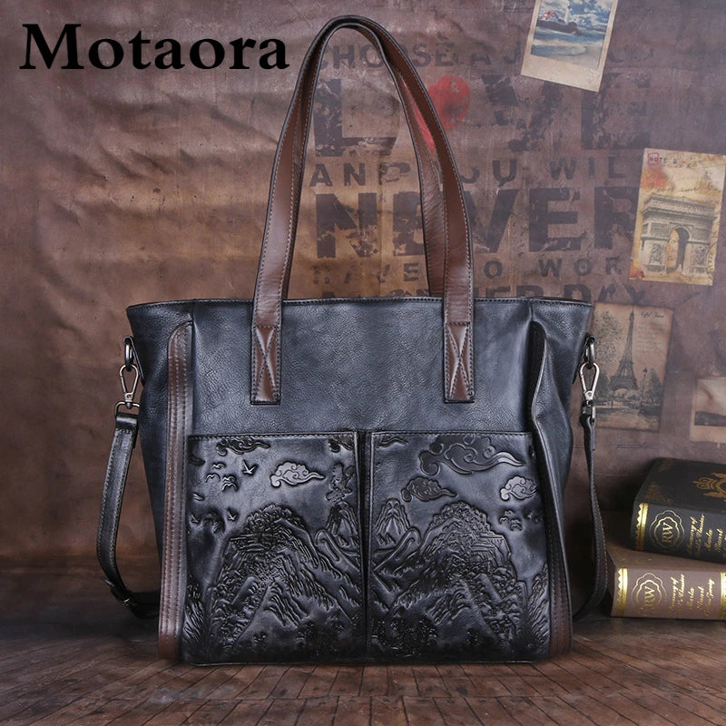 MOTAORA Vintage Genuine Leather Handbag for Women Handmade Embossed Tote Bag Casual Shoulder Bag Purse 2025 Trendy Designer