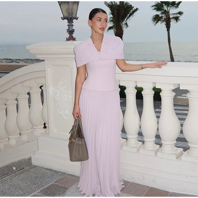 Elegant Shawl Pleated Diamonds Maxi Dress – Women’s Sleeveless High Waist Patchwork Evening Dress