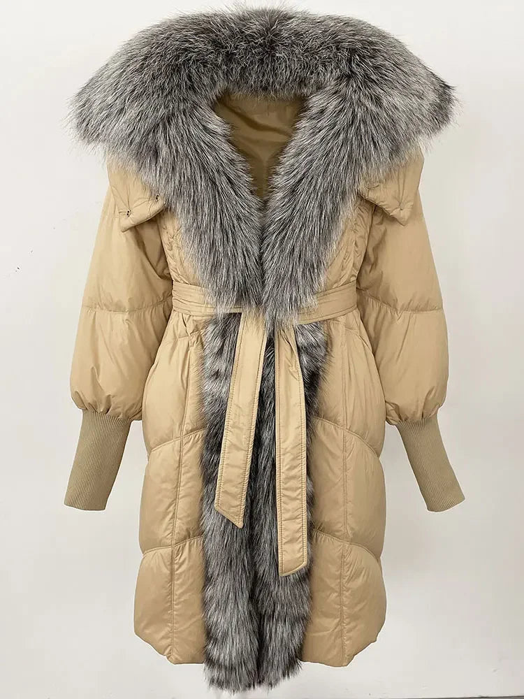 2025 Autumn Winter Women Coat Real Natural Fox Fur Long Down Jacket Thick Warm Casual Hooded White Duck Down Elegant Overwears
