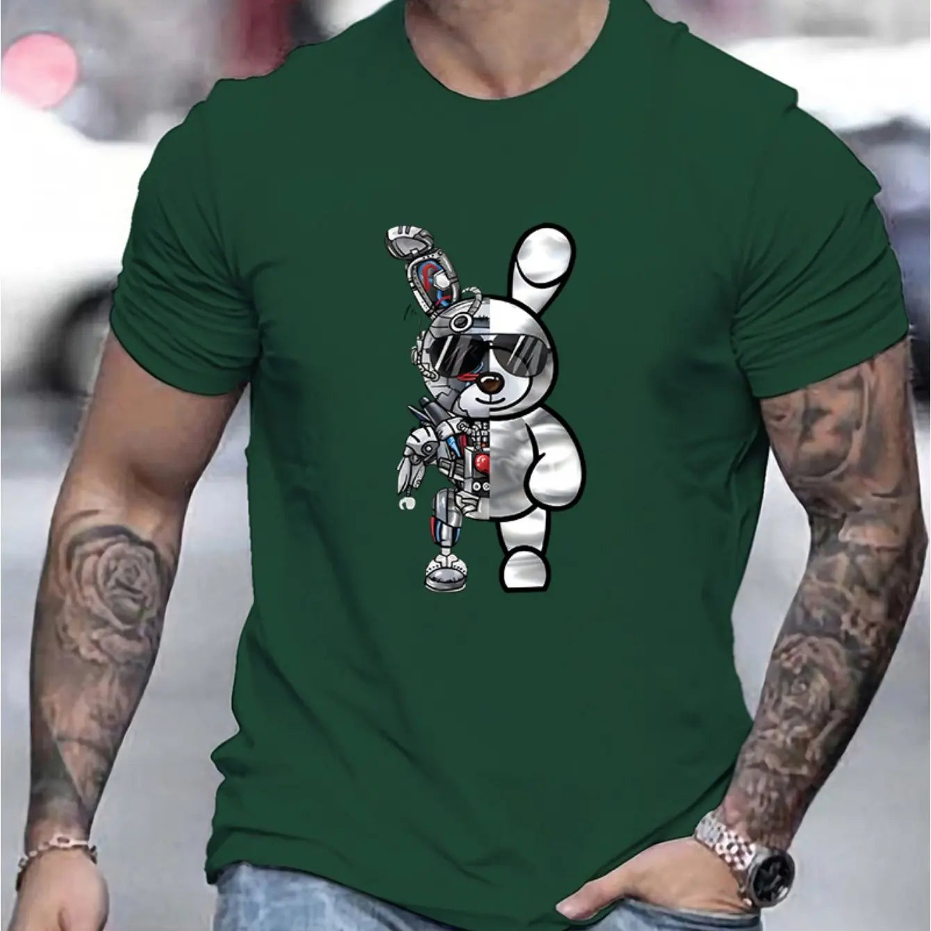 Men's summer 100 cotton fashionable casual loose cartoon mechanical Robot 🤖 Rabbit pattern printed round neck short sleeved T-shirt top