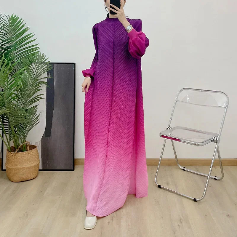 KAF Pleated Women Casual Dress 2025 Spring Autumn New Round Neck Long Sleeve Gradient Color Loose Large Size Design Dresses