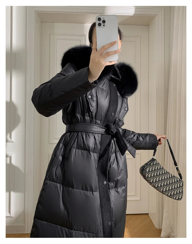 Women’s Luxury White Goose Down Coat – Hooded Long Jacket with Fox Fur Collar & Belt
