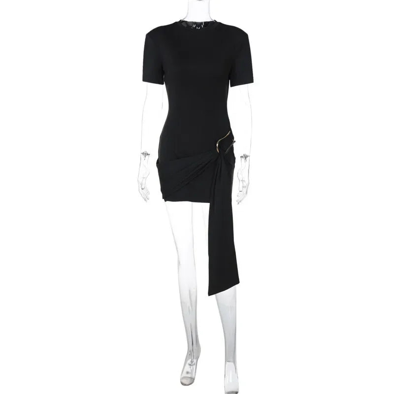 Women's Luxury Black Draped Mini Dress – Metal Buckle, O-Neck, Bodycon Fit