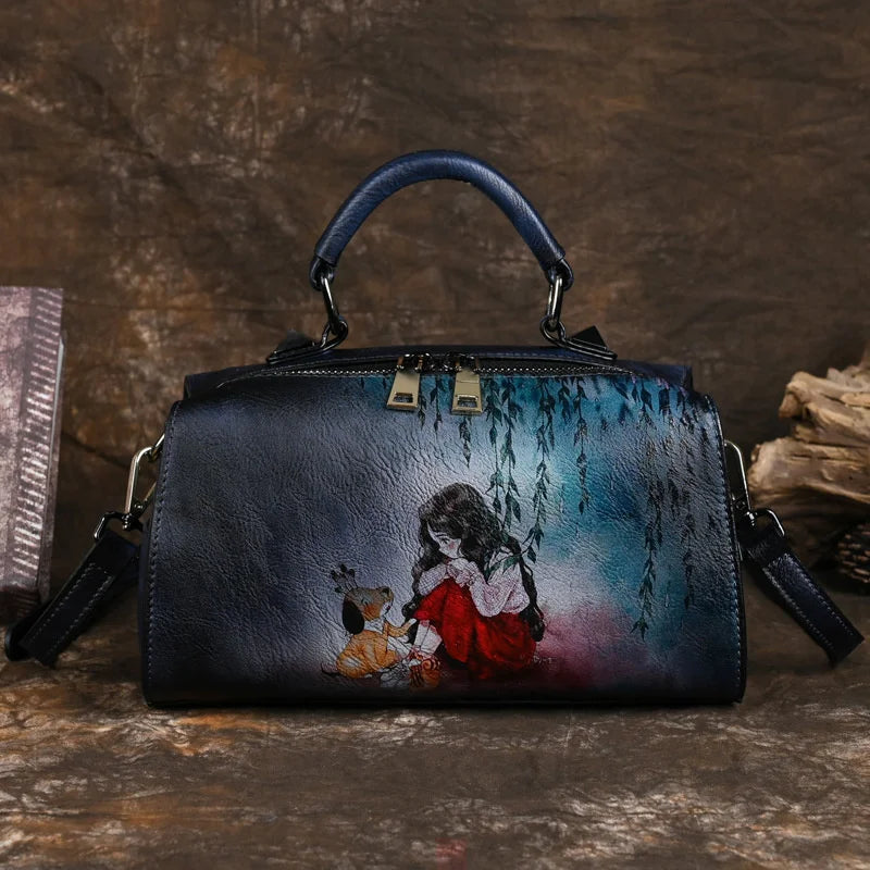 MOTAORA Vintage Women Luxury Leather Handbag For Female Bag Luxury Designer Hand Drawn Cartoon Pattern Ladies Shoulder Bags 2025