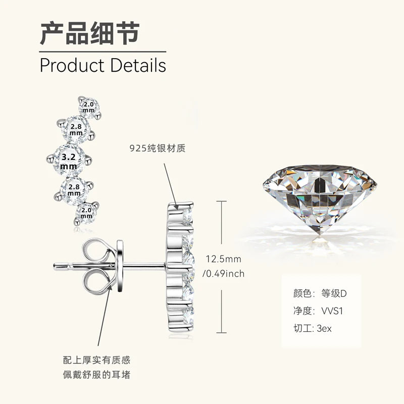 Lnngy 925 Sterling Silver Stud Earrings Necklaces Brilliant 5 Stones Moissanite Choker Necklace Climber Earring Jewelry Set