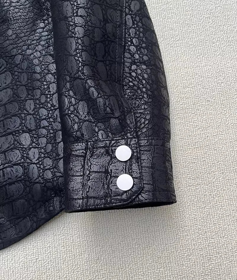 Soft Alligator Pattern Sheepskin Genuine Leather Jacket Men Slim Fit Single Breasted Business Casual Work Natural Leather Tops