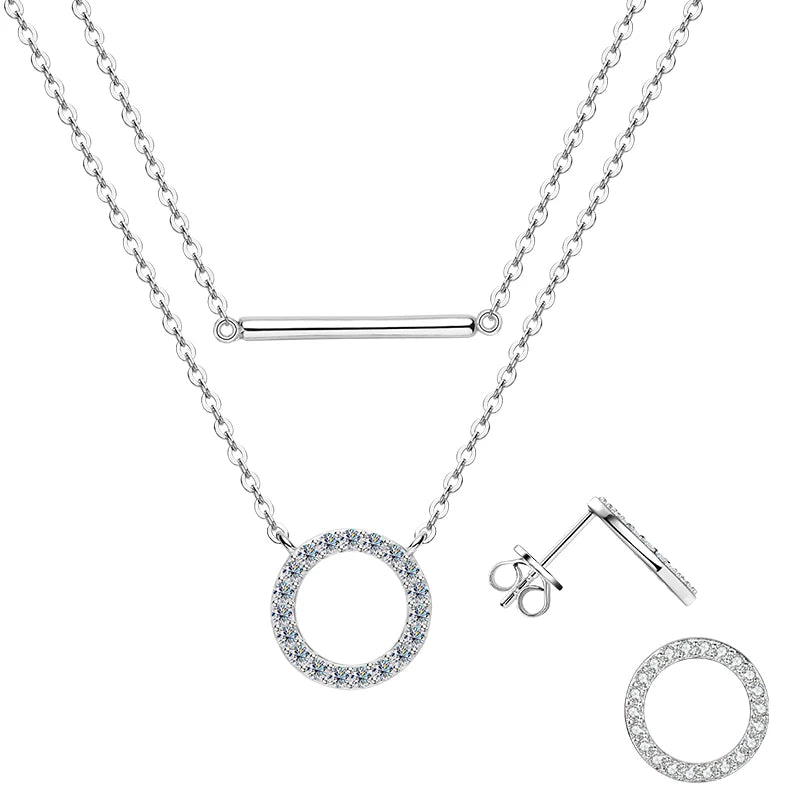 Lnngy Double Layer Chain Necklace For Women 925 Sterling Silver Moissanite Circel Pendant Necklaces Stud Earring Jewelry Set