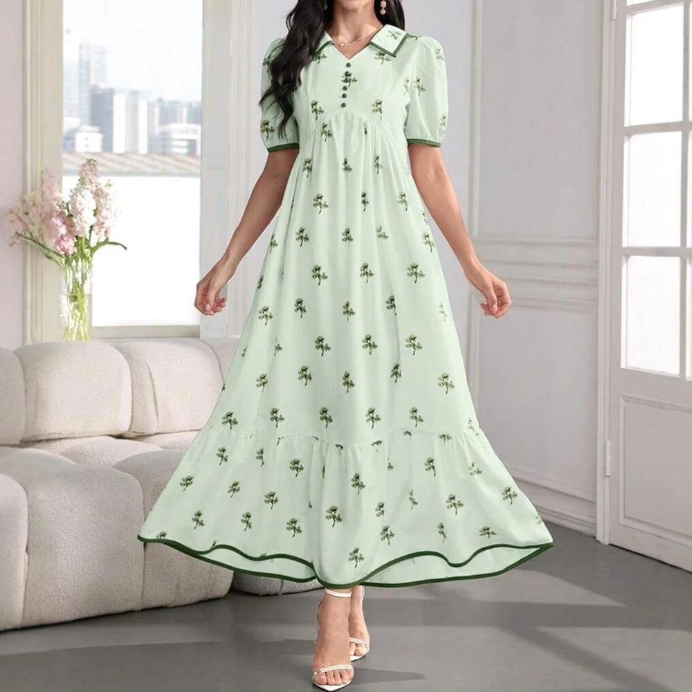 Rafiah Women's Dresses Summer Elegant 2025 Floral Intellectual Short Sleeve Shirt Collar A-Line Midi Vacation Long Dress