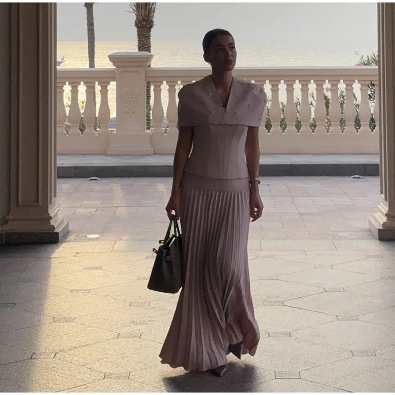 Elegant Shawl Pleated Diamonds Maxi Dress – Women’s Sleeveless High Waist Patchwork Evening Dress