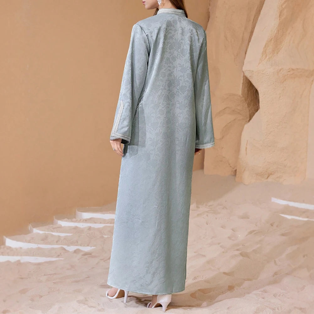 Rafiah Summer Dresses 2025 Women's Plain Long Sleeve Half Open Collar A-Line Draped Basics Midi Arabian Dress