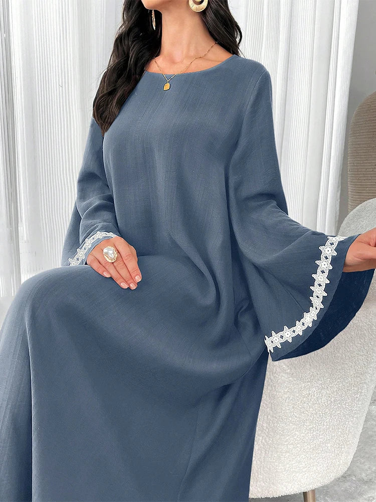 Rafiah Loose Turkish Maxi Dress Color Contrasting Flare Sleeve Crew Neck Stripe Kaftan Jalabiya Abayas Women Appliques