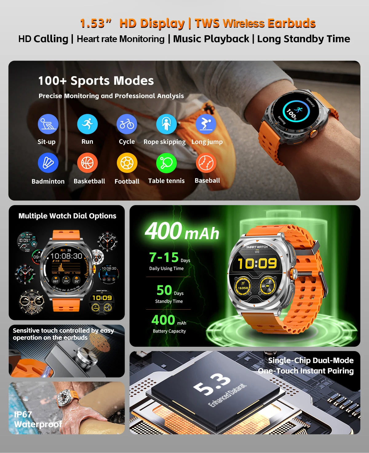 LIGE New Smart Watch With 2 in 1 TWS Wireless Headset Bluetooth Call 1.53" AMOLED Screen 400mAh IP67 Waterproof Sport Smartwatch