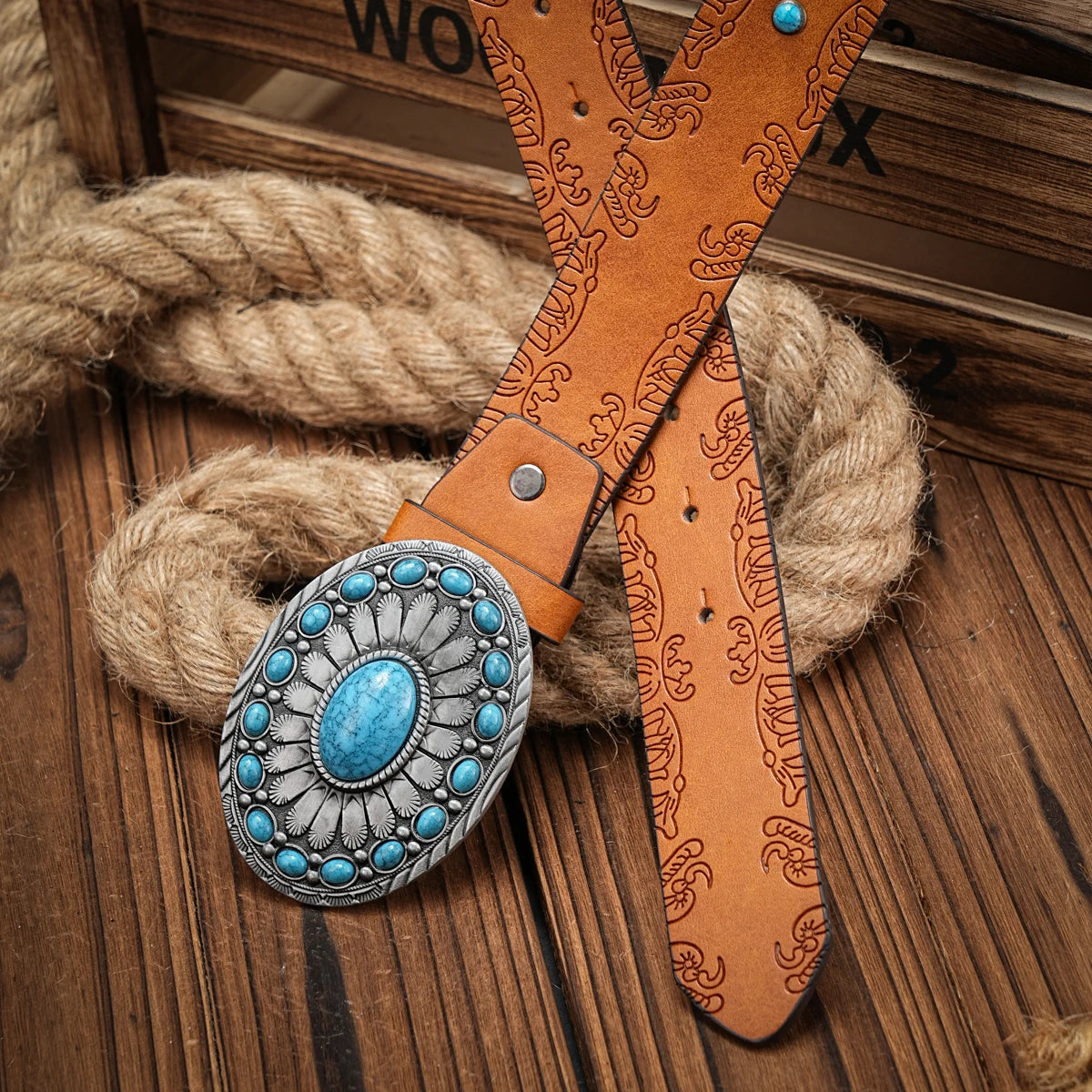 Western Cowboy PU Leather Belt - Men Waist Strap Bull Decoration Floral Engraved for Jeans