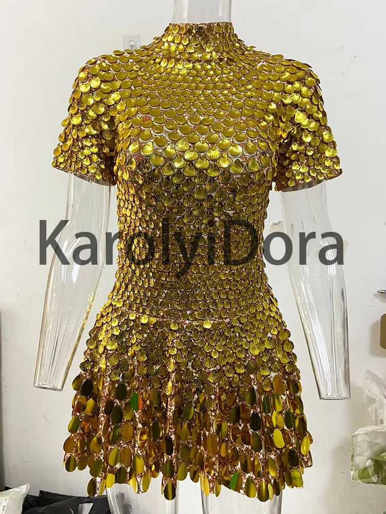 Sexy Black Shell Sequins Mini Dress Nightclub Dance High Quality Performance Clothing Bodysuit Birthday Red Dresses