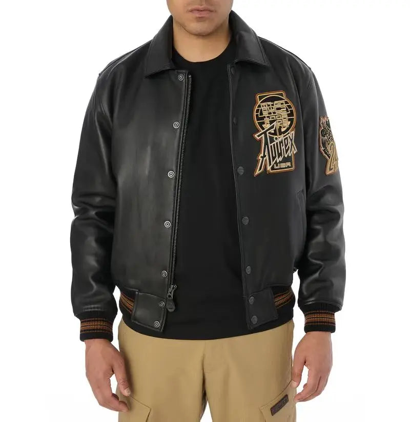 AVIREX High Quality Genuine Sheepskin Coat Men's US Size Classic Varsity Jacket Natural Leather Flight Suit Lapel Outerwear