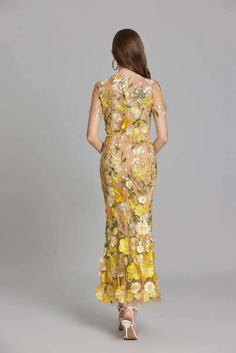 French Luxury 3D Flower Fishtail Lace Prom Dress – Women's Summer Short Sleeve Midi Evening Dress