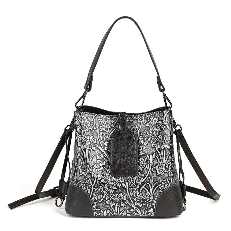 MOTAORA Retro Embossed Genuine Leather Women Shoulder Bucket Bag Luxury Cowhide Handbag Female New Large Capacity Crossbody Bags