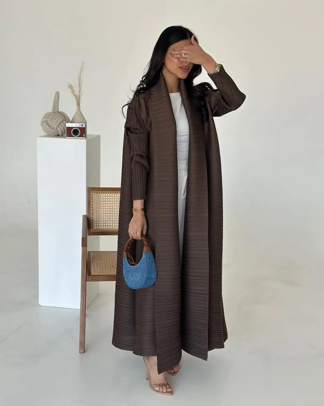 KAF Pleated Women Trench Coat Vintage Printed Cardigan Design Loose Plus Size Women Long Dress Dubai Female Luxury Abaya 2024