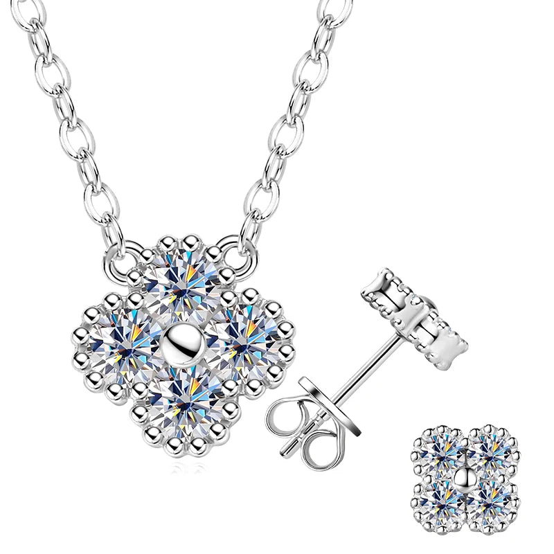 Lnngy 925 Certified Silver Chains Four Leaf Flower Pendant Necklaces 3mm 0.1ct Moissanite Necklace Stud Earring Jewelry Set