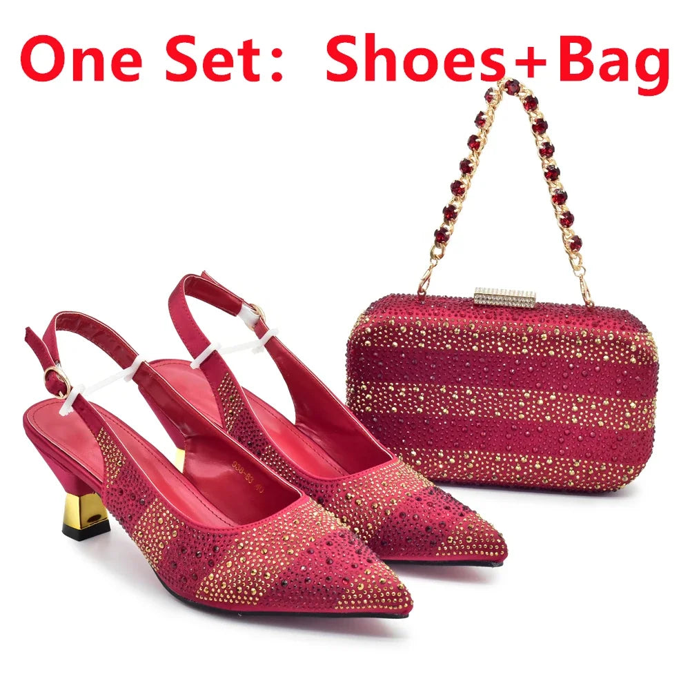 African Shoe and Bags Set for Wedding Women Shoes and Bags To Match Set with Rhinestone Italy Lady Pumps Women Shoes Luxury