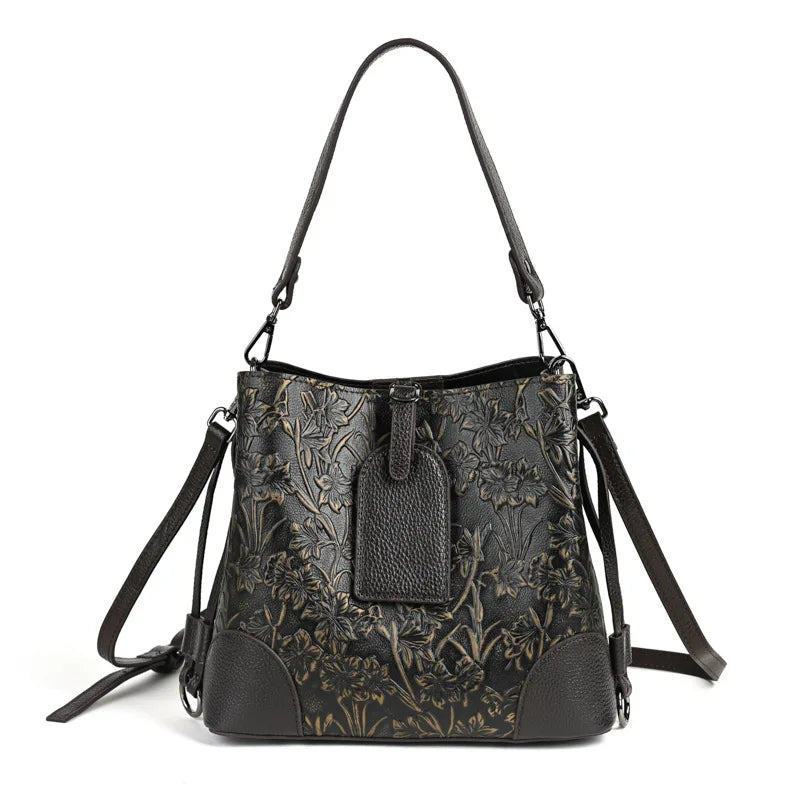 MOTAORA Retro Embossed Genuine Leather Women Shoulder Bucket Bag Luxury Cowhide Handbag Female New Large Capacity Crossbody Bags
