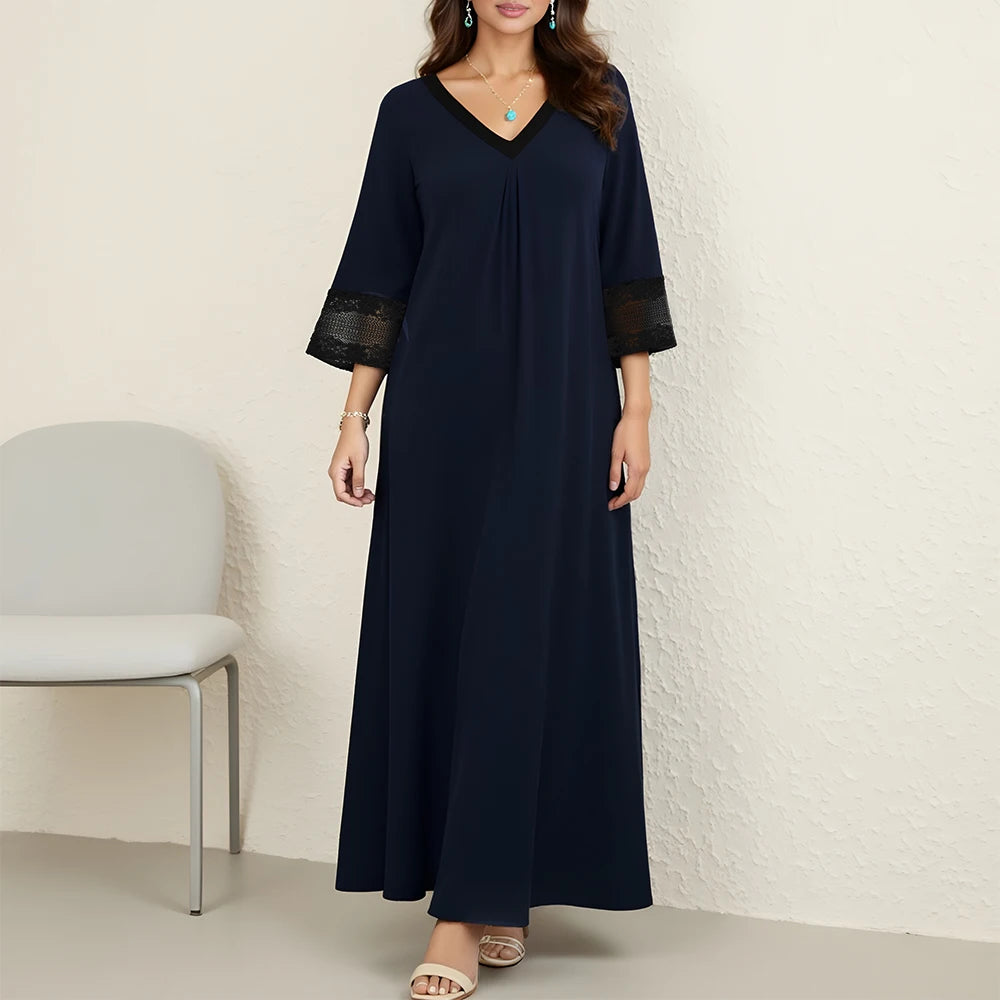 Rafiah Women's Summer Dress Simple Comfortable Plain Flare Sleeve V-Neck Mixi Shift Dresses Casual Arabian Dress