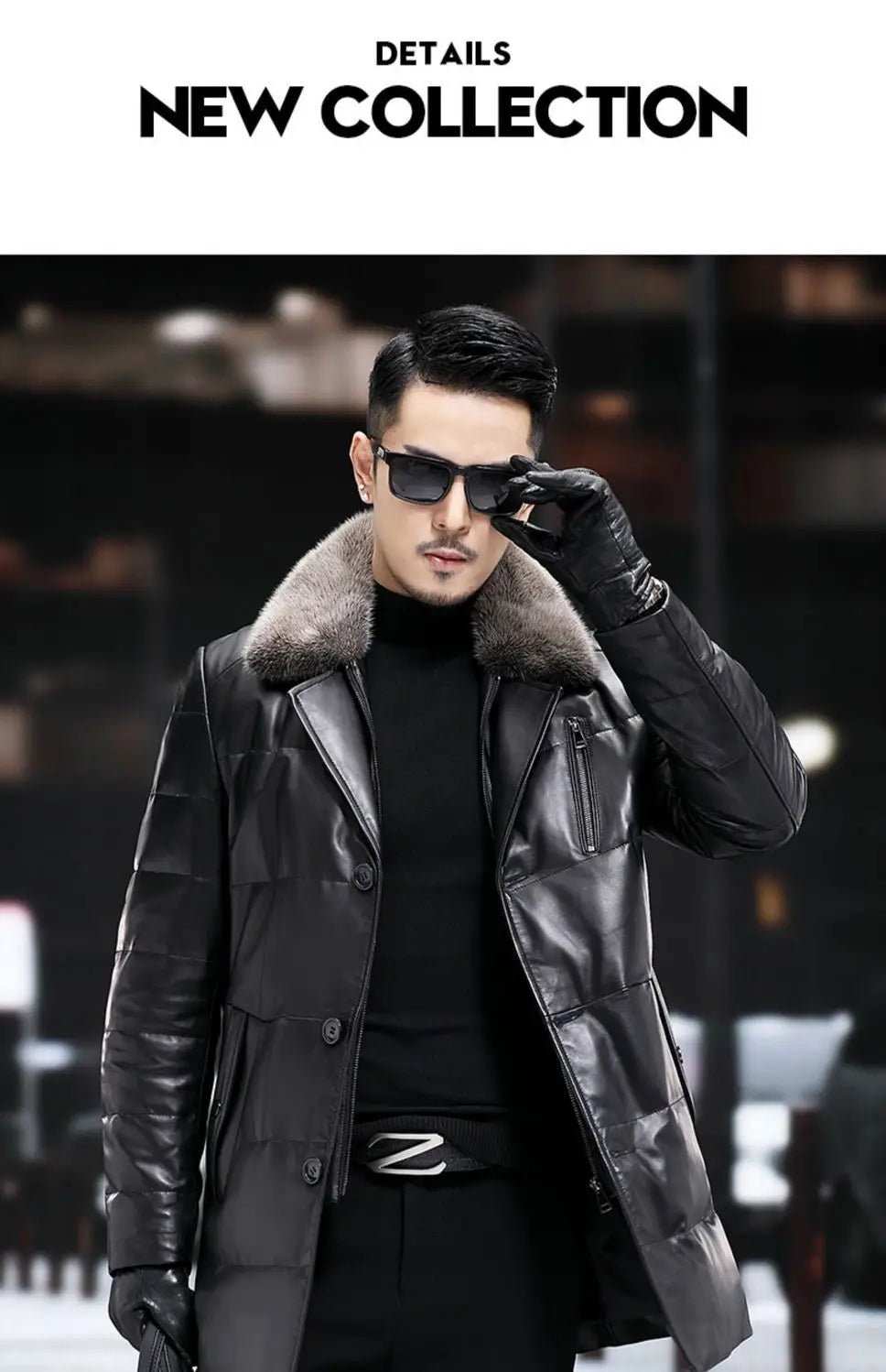 Men's Leather Jacket, Mid-Length, Lapel, Single Breasted Down Jacket, Mink Collar, Sheepkin, Thick Coat, Autumn and Winter
