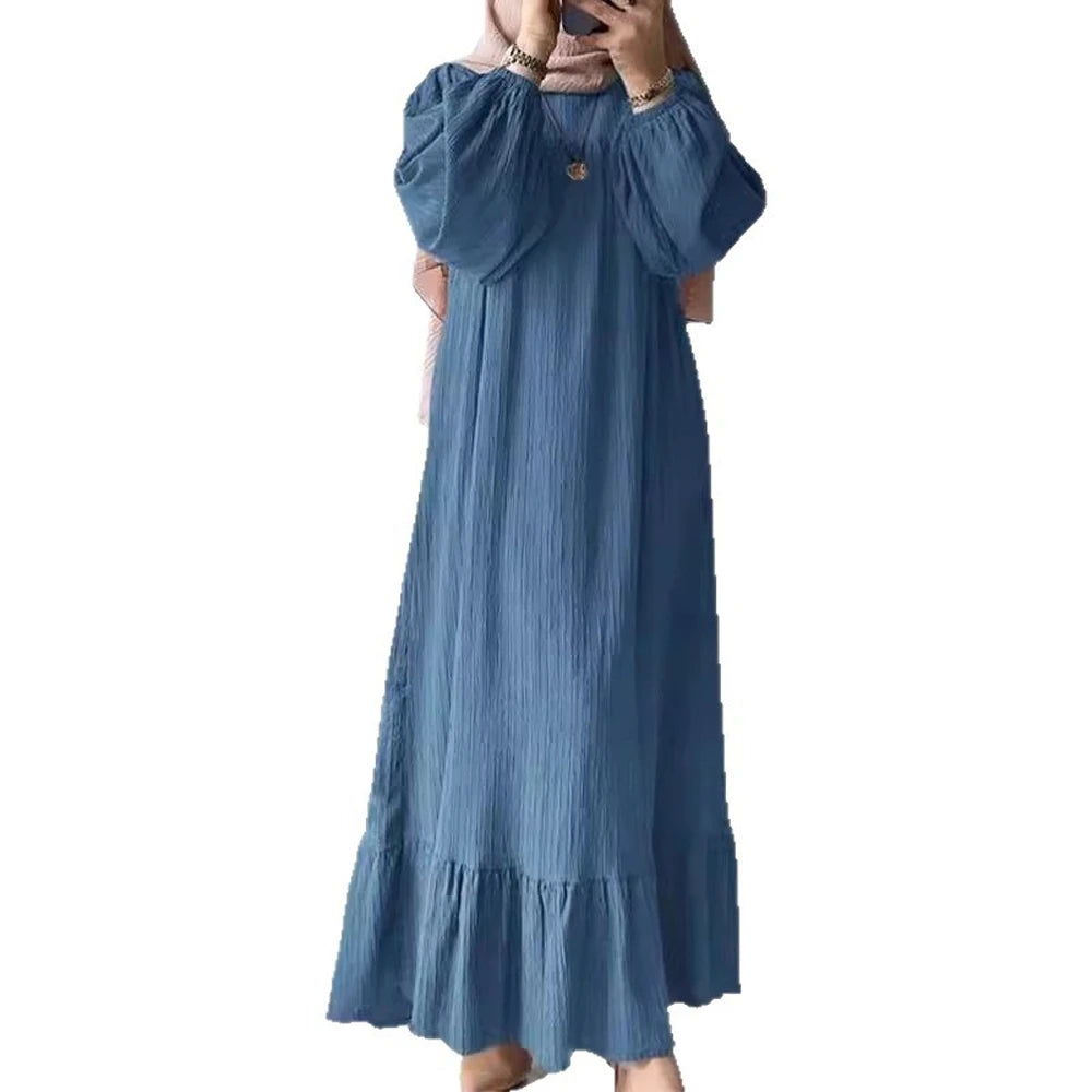 Rafiah Women's Dresses Summer Comfortable Elegant 2025 Folds Plain Long Sleeve Round Neck A-Line Midi Vacation Long Dress