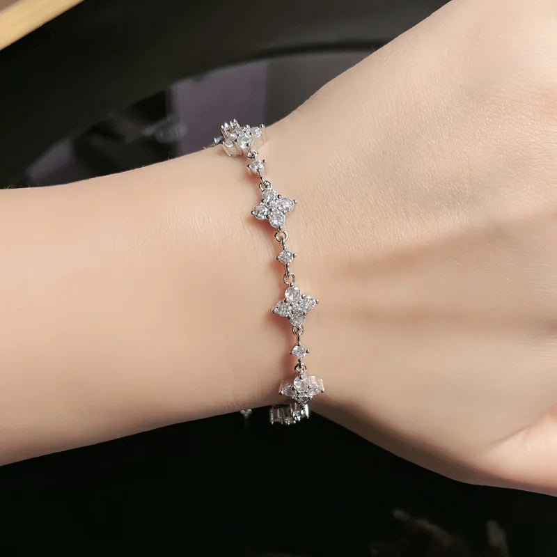 RAPRGOLD GRA Certified Moissanite Four Clover Flower Bracelets for Women 925 Sterling Silver Bracelet Chain Wedding Jewelry Gift