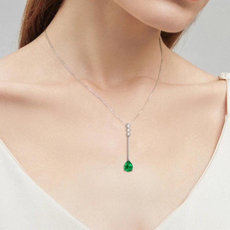 Lnngy 925 Sterling Silver Pear Cut Artificial Emerald Pendant Necklace Colorful Birthday Stone Necklaces Jewelry for Friends