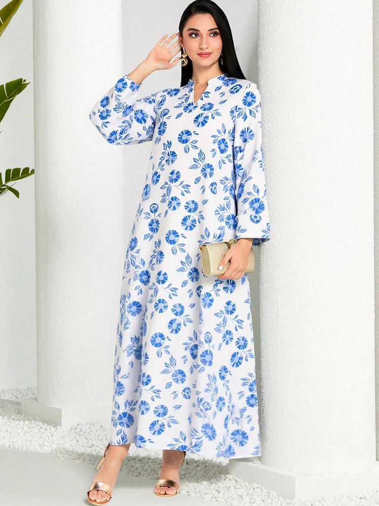 Rafiah Women's Summer Arabian Dress Traditional Full Print Long Sleeve V-Neck Dating Loose Fit Long Dresses Evening Dresses 2025