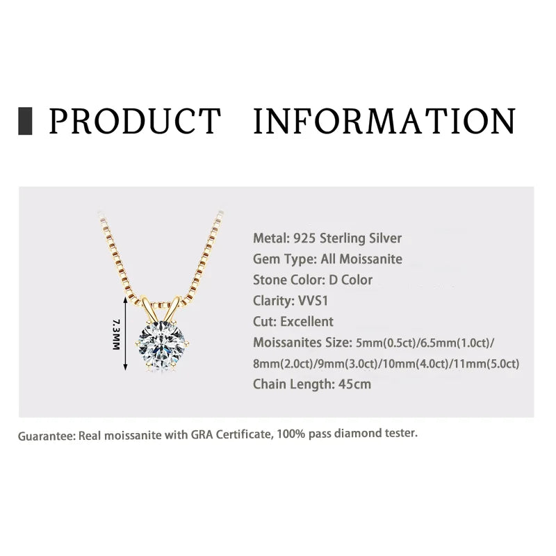 RAPRGOLD GRA Certified 0.5-5ct Moissanite Pendant Necklaces 925 Sterling Silver Solitaire Necklace Chain For Women Jewellry Gift