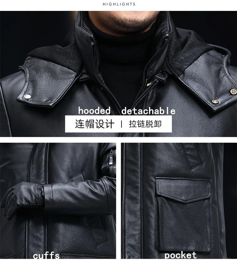 Men's Leather Down Coat, Mid Length, Hooded, Thick Warm Jacket, Large Size Outerwear, Business Male Coat, Winter