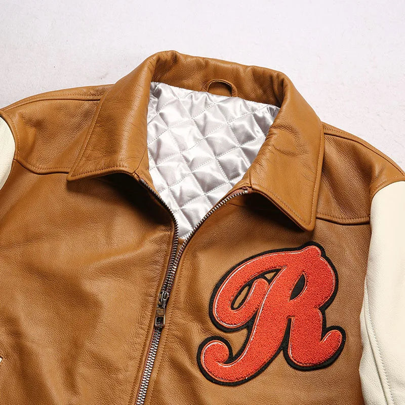 Men large size leather jacket flight suit jacket printed big chief embroidery casual sports yellow cowhide leather jackets tops