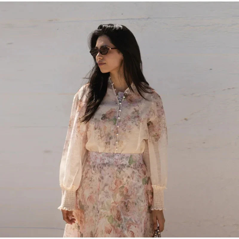 Floral Printed Two-Piece Skirt Set – Loose Full Sleeve Shirt & Pleated Maxi Skirt