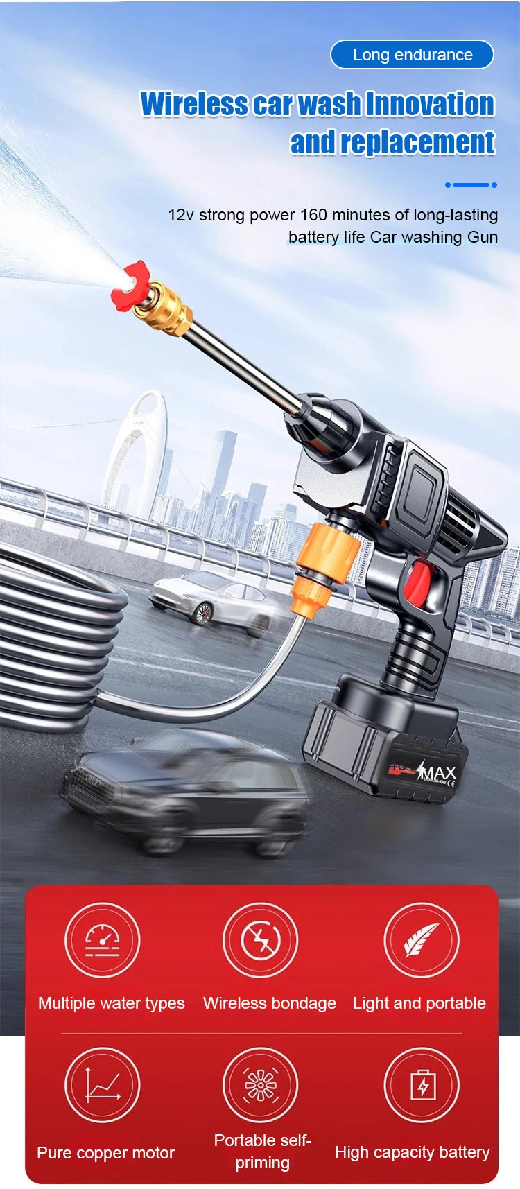 Household electric high-pressure car wash water gun lithium battery wireless car wash artifact portable efficient cleaning tools