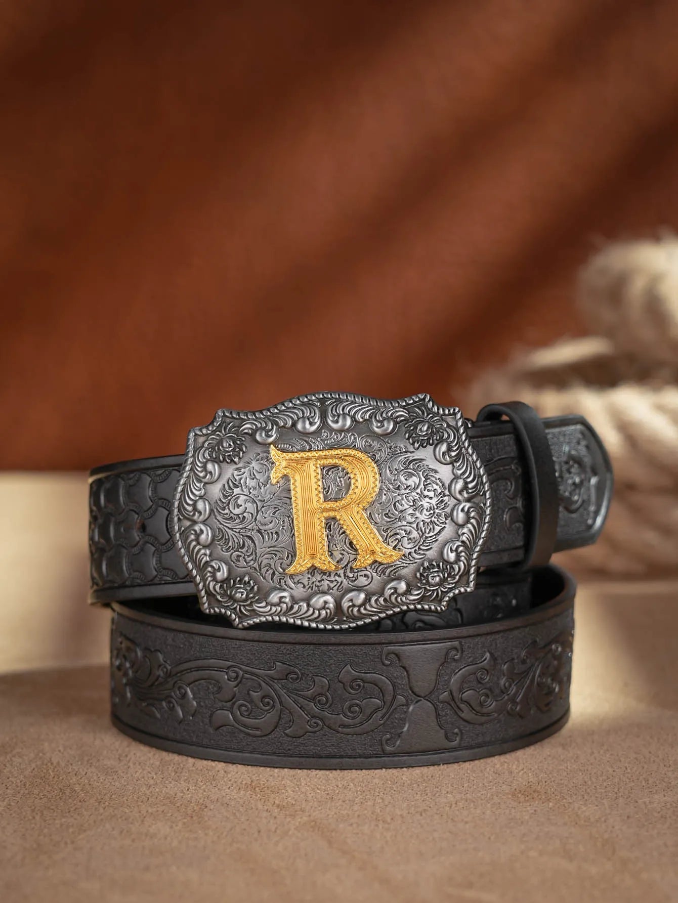 Western Cowboy PU Leather Belt - Men Waist Strap Bull Decoration Floral Engraved for Jeans