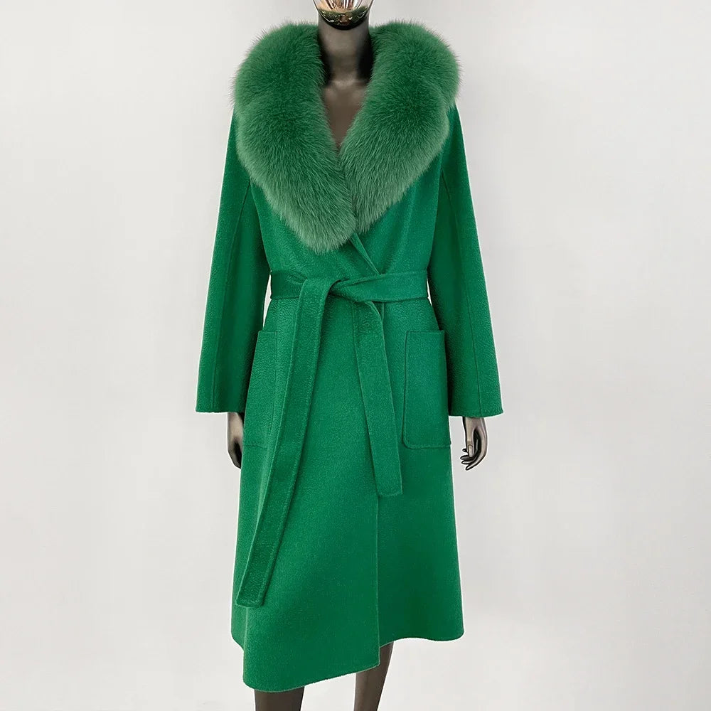 GENHUA 2025 New Casual Fur Coat for Ladies Winter Wool Long Fur Ladies Natural Real Fox Fur Collar Jacket for Ladies Warm Coat